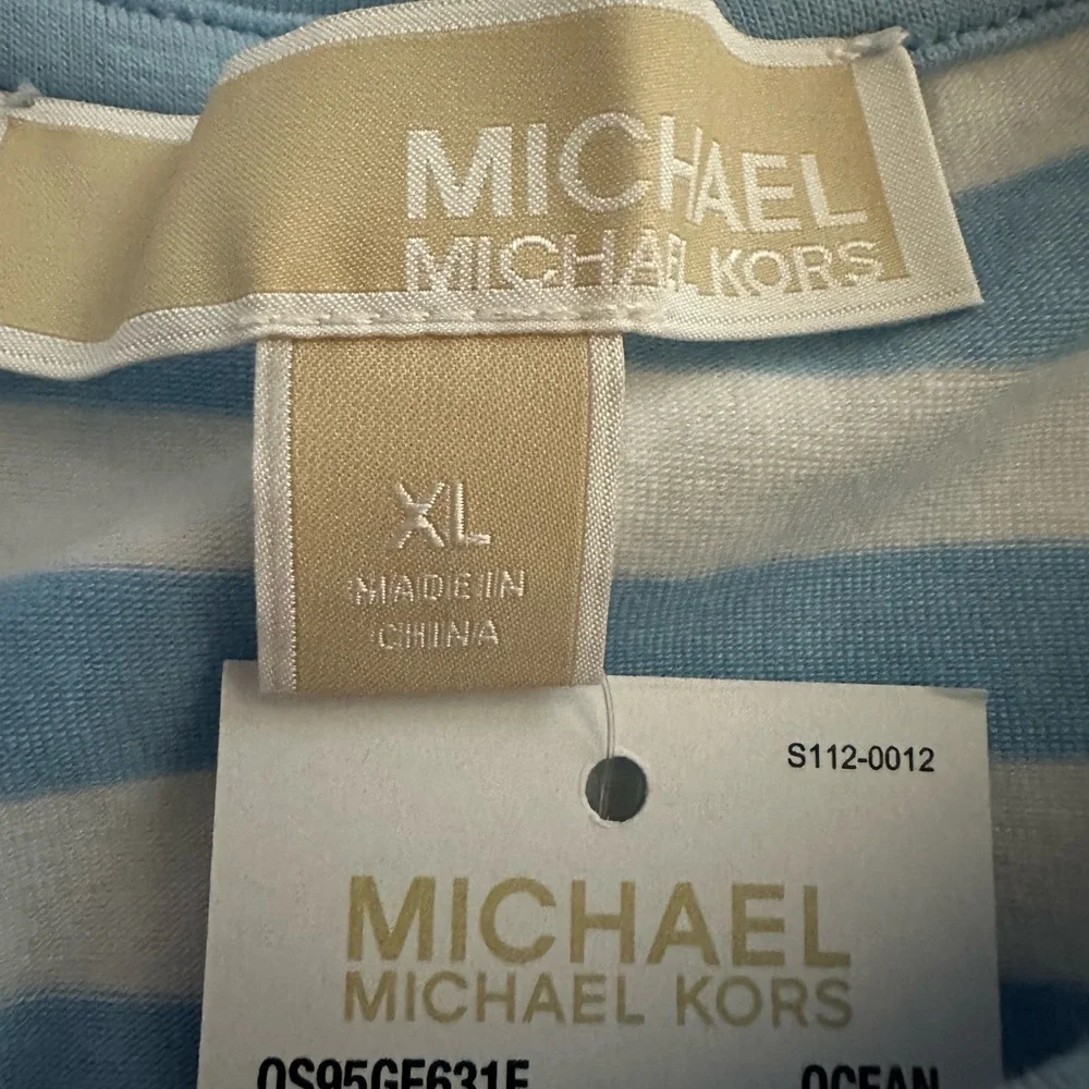 Michael Kors Short Sleeve White and Blue Stripe Women's Shirt (675)